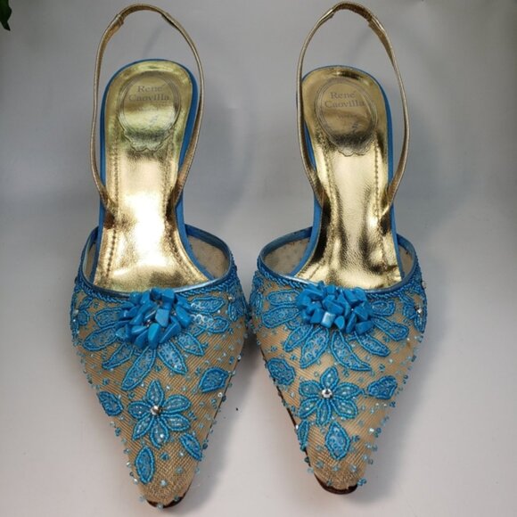 Rene Caovilla Tan w Turquoise Stones Heel Sling sz 8.5 / 39 - Picture 6 of 15